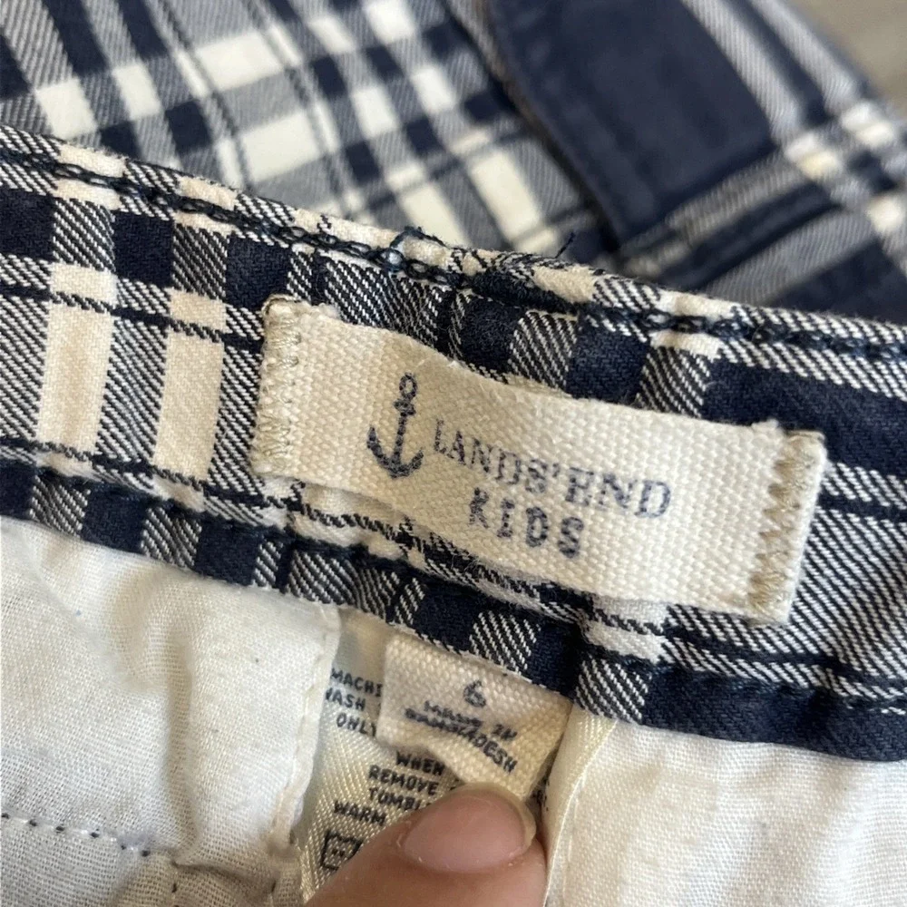 Lands' End Shorts Boy 6 Navy Blue Plaid Cargo Shorts‎ Cotton Elastic Back Preppy